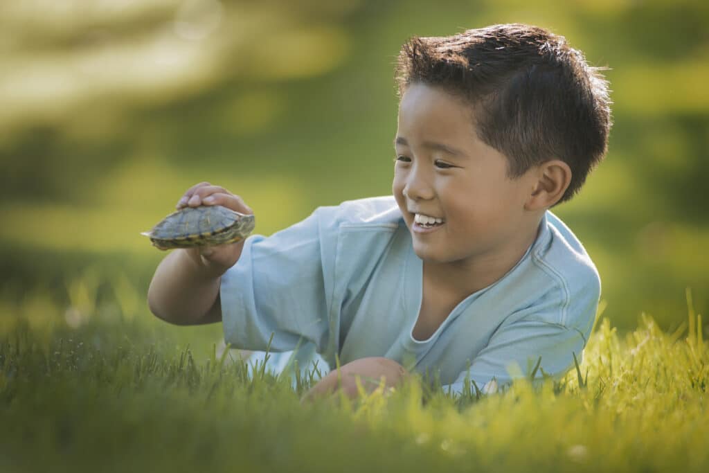 A boy lying on the grass