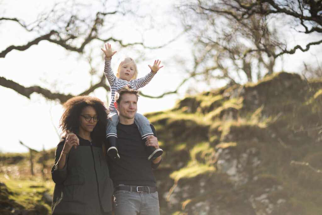 Family on walk, father carrying son on shoulders