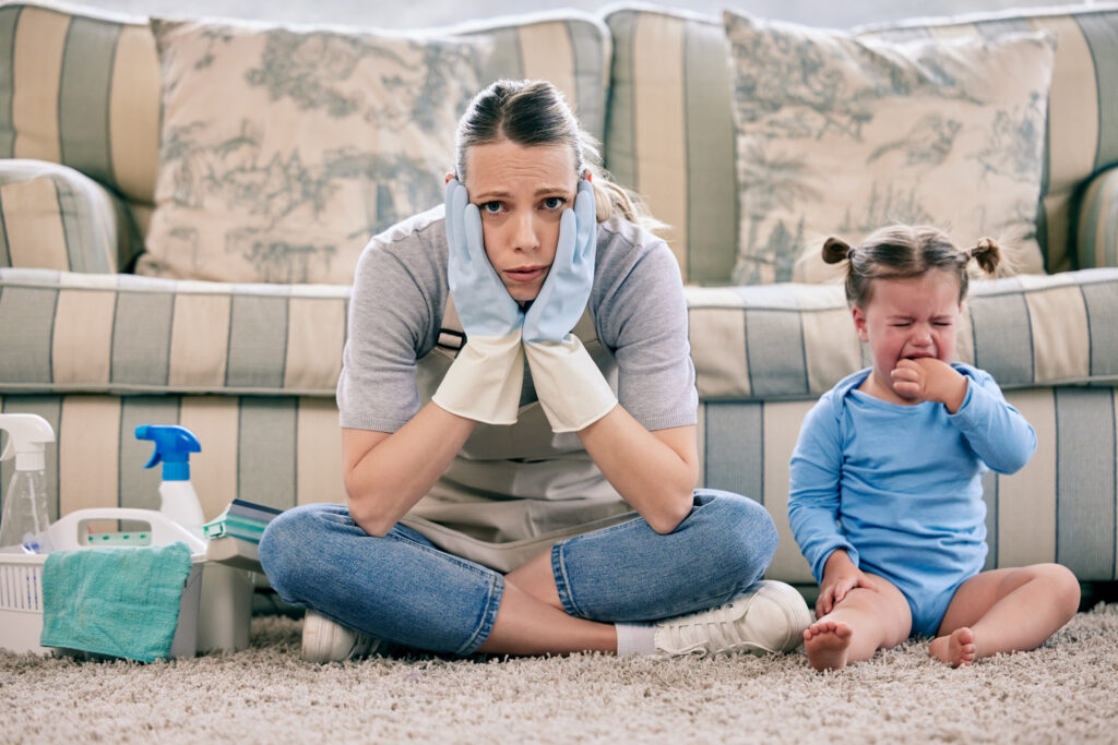 stressful mother with her baby